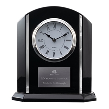 aerial view a black/silver black and silver piano finish desk clock, image 1 of 3