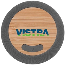 aerial view a gray boomer bamboo wireless speaker, image 1 of 4