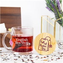 aerial view a group of cozy 11oz glass mug / bamboo lid, image 1 of 5