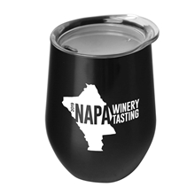 a clear lid & black tumbler the vino - 10 oz stainless steel stemless wine glass shaped tumbler