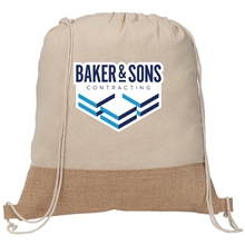 aerial view a natural 7501 rio(tm) drawstring bag - 5 oz recycled cotton blend with jute - heat transfer, image 1 of 3
