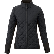 aerial view a black/black (995) womens rougemont hybrid insulated diamond quilted puffer jacket, image 1 of 2