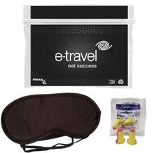 aerial view a black travel sleep kit with ear plugs and sleep mask, image 1 of 2