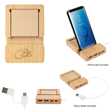 aerial view a bamboo bamboo multi - port hub with phone holder sticky notes, image 1 of 2