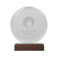 aerial view a natural redondo crystal award with wood base, image 1 of 5