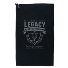 aerial view a black waffle weave golf towel, image 1 of 2