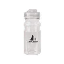 aerial view a clear usa made 20 oz translucent sport water bottle with snap cap, image 1 of 2