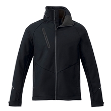 aerial view a black (995) mens peyto waterproof softshell jacket with roll - away hood, image 1 of 4