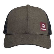 aerial view a black olive (084) wolverine red label trucker cap, image 1 of 5