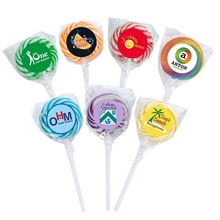 a group of swirl lollipop with round label