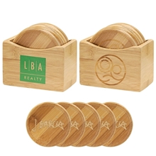 a group of 5 piece bamboo coaster set w / coaster stand