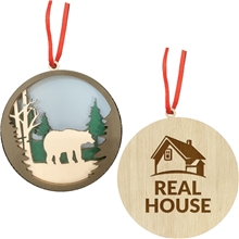 a natural-blue-green-white-brown layered wood ornament bear in woods