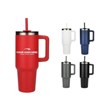 aerial view a group of pinnacle 40 oz vacuum insulated eco - friendly travel tumbler with straw, image 1 of 2