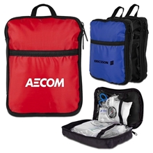 aerial view a group of 60pc first aid kit in portable traveling bag, image 1 of 3