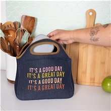 a group of klutch denim neoprene lunch bag