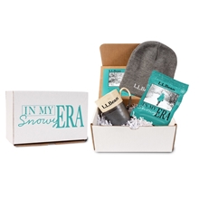 aerial view a parchment mug & grey heather beanie & white packet winter warmth gift set, image 1 of 3