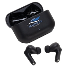 aerial view a black sonoro dual microphone noise cancelling tws earbuds, image 1 of 2