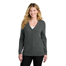 aerial view a charcoal heather port authority(r) womens easy care button - up cardigan sweater, image 1 of 5
