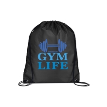 aerial view a black versatile polyester drawstring backpack, image 1 of 3