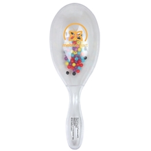 aerial view a clear plastic translucent maracas filled with plastic beans, image 1 of 2