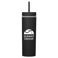 aerial view a black adventure 16 oz insulated tumbler with straw, image 1 of 3