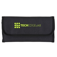 aerial view a heathered black rpet roll - up tech organizer, image 1 of 2