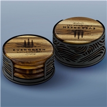 a group of acacia wood coaster 4 piece round set with black metal stand