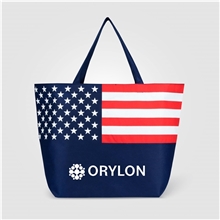 aerial view a navy blue american flag non - woven tote bag, image 1 of 3