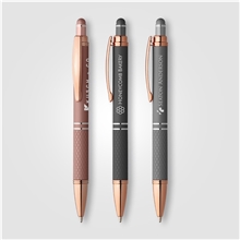 aerial view a group of phoenix softy rose gold metallic pen w / stylus, image 1 of 2