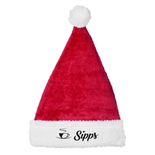 aerial view a red holiday christmas plush santa hat, image 1 of 3