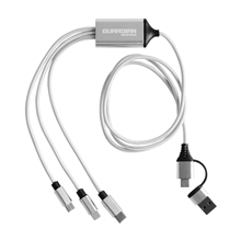 aerial view a silver 3- in -1 charging cable with dual input, image 1 of 4