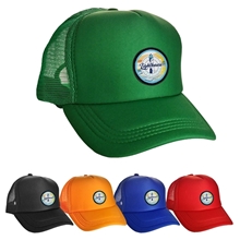 aerial view a group of colorful foam embroidered emblem trucker hat, image 1 of 2