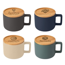 aerial view a group of caf virtuoso - 12 oz ceramic mug with bamboo lid - laser engraved, image 1 of 2