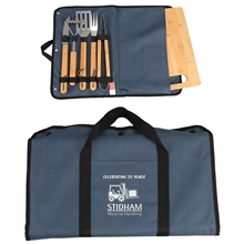 aerial view a navy blue firepit 5- piece bbq set with cutting board carrying case, image 1 of 2