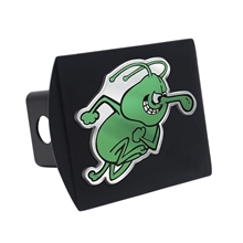 a black metal hitch cover - with custom shape metallic acrylic emblem