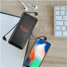 a group of charge all 10k - 10, 000 mah power bank with integrated charging cables and ac plug