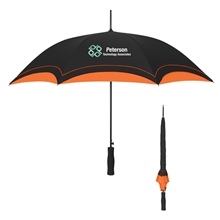 aerial view a black with orange trim classic 46- inch arc automatic umbrella, image 1 of 3