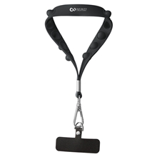 aerial view a black prime line push pop wrist strap keychain with phone holder, image 1 of 3