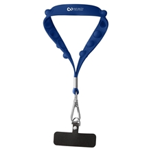 aerial view a navy push pop wrist strap keychain with phone holder, image 1 of 3