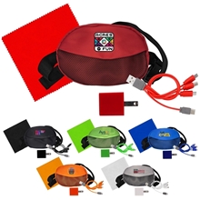aerial view a group of sporty charger, cable and cloth travel set, image 1 of 2