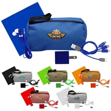aerial view a group of speck charging ear bud and cloth travel set, image 1 of 2