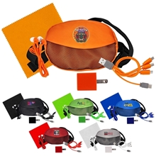 aerial view a group of sporty charging ear bud and cloth travel set, image 1 of 2