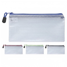 aerial view a group of clear zippered pencil pouch, image 1 of 2