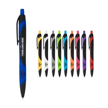 aerial view a group of two - tone sleek write rubberized pen, image 1 of 2