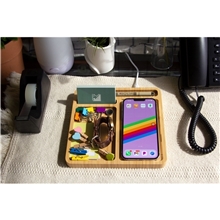 aerial view a group of bamboo desk organizer with 5w wireless charger, image 1 of 2