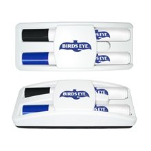 aerial view a white eraser housing with 1 black & 1 blue markers dry erase gear marker erase set with black blue markers, image 1 of 2