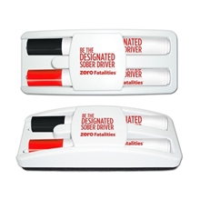 aerial view a white eraser housing with 1 black & 1 red markers dry erase gear marker eraser set with black red markers, image 1 of 2