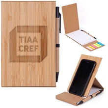 a group of bamboo notepad with sticky note and pen
