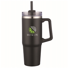 aerial view a black 30 oz double wall tumbler with handle and straw, image 1 of 2