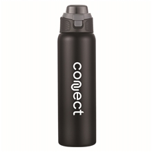 aerial view a black 28 oz stainless steel 2- in -1 spout straw water bottle, image 1 of 3